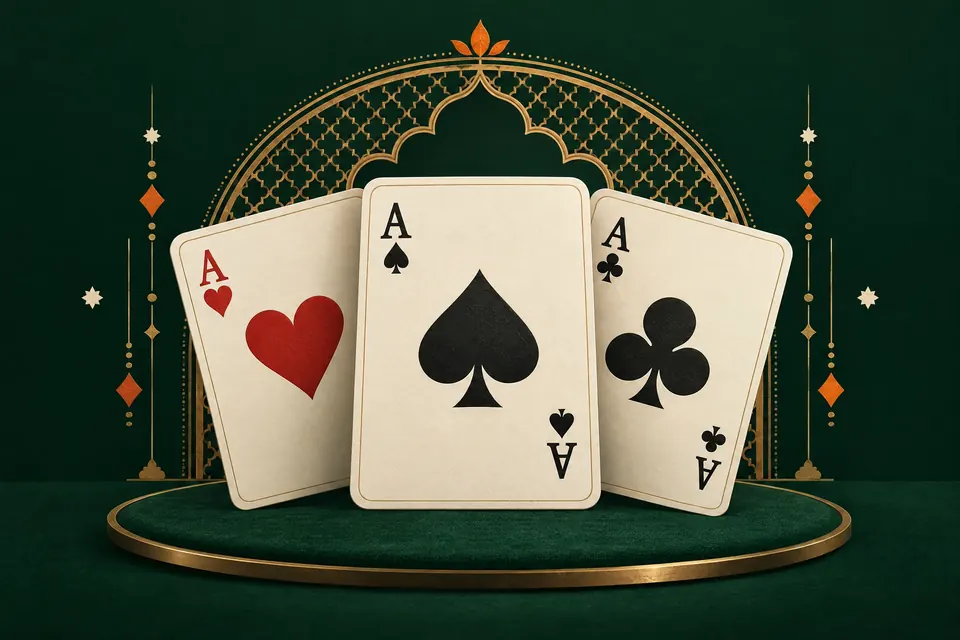 Original conceptual illustration of three ace cards on emerald felt with an Indian-inspired arch